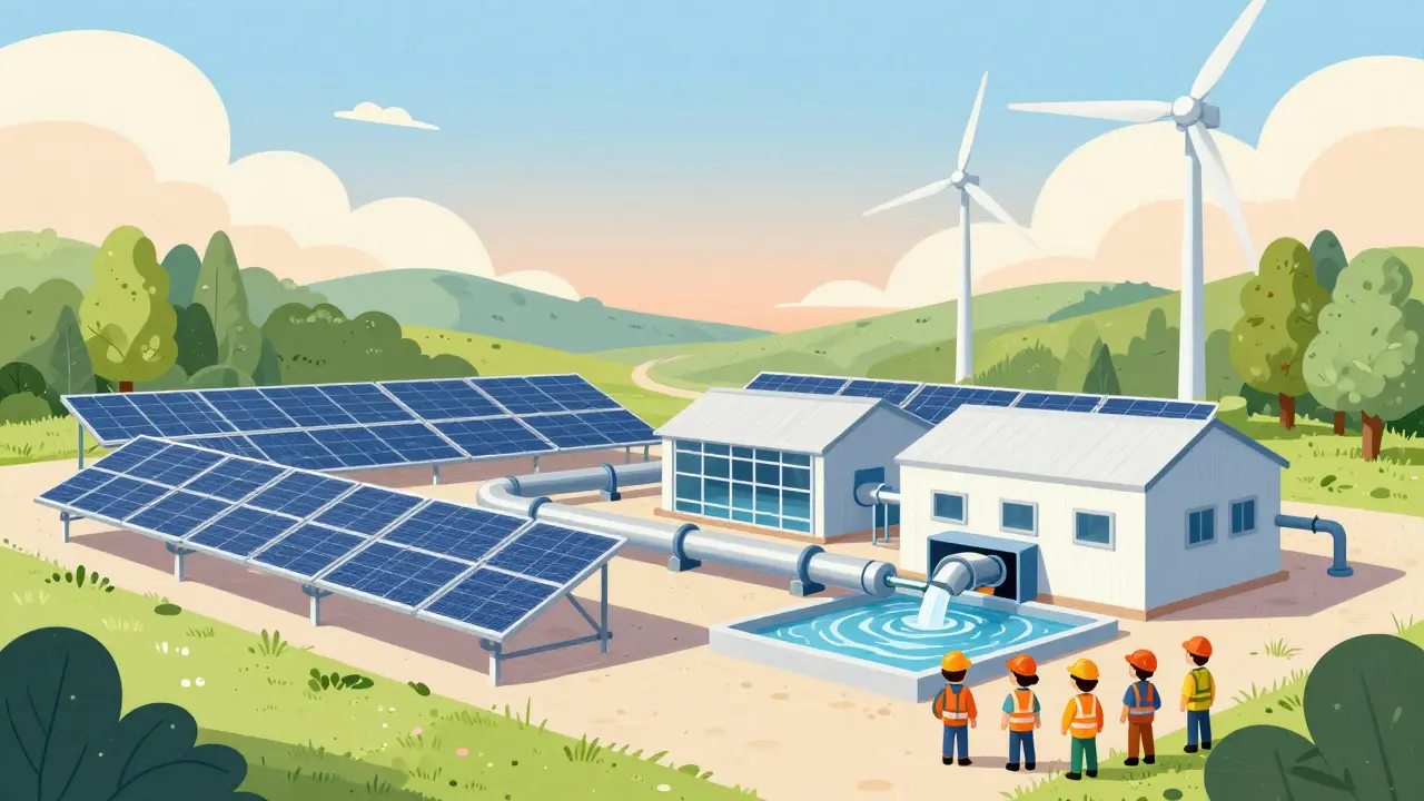 Sustainable mine with solar panels and water recycling systems.