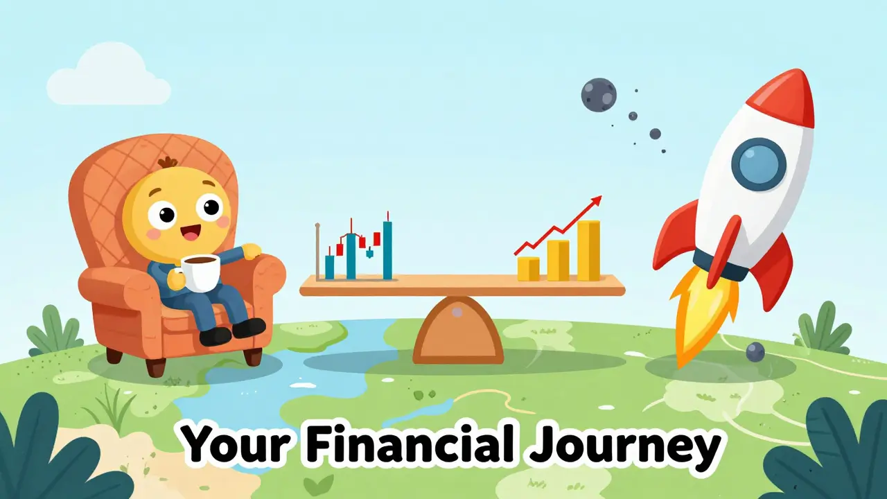 Three characters represent risk levels: cozy armchair, balanced seesaw, and rocket ship through asteroids.