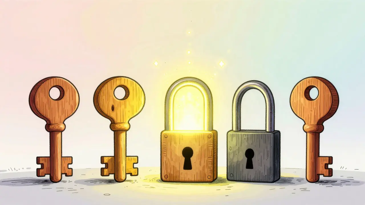 Three glowing keys unlocking a magic lock while others stay dim