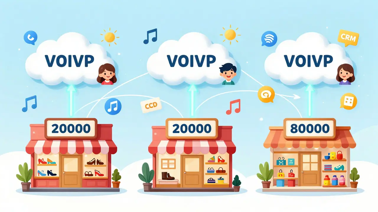 Three retail stores connected by glowing internet lines to a shared cloud-based phone system with call routing icons.