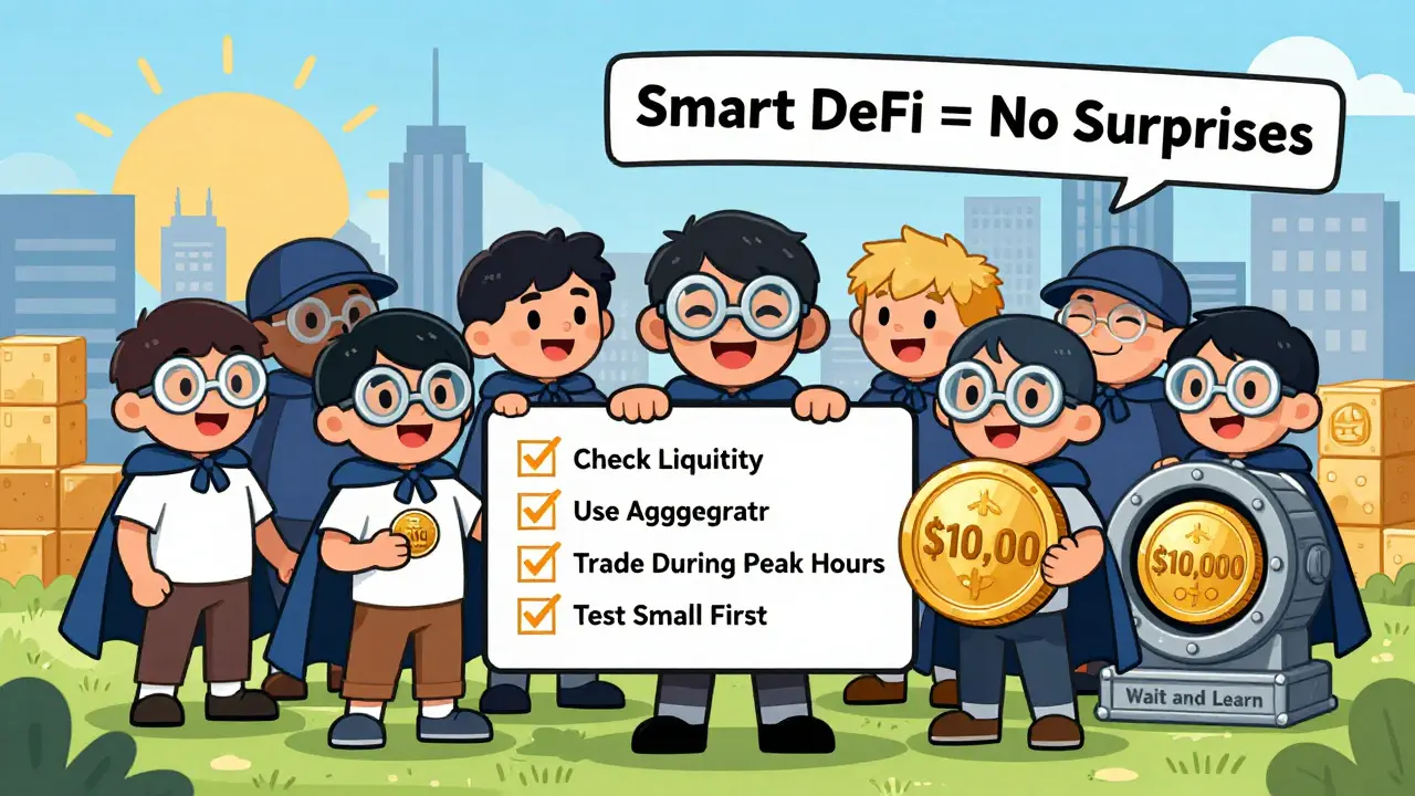 Traders in capes checking a checklist for smart DeFi trading, with a sun rising over a blockchain city and small/large trade coins visible.