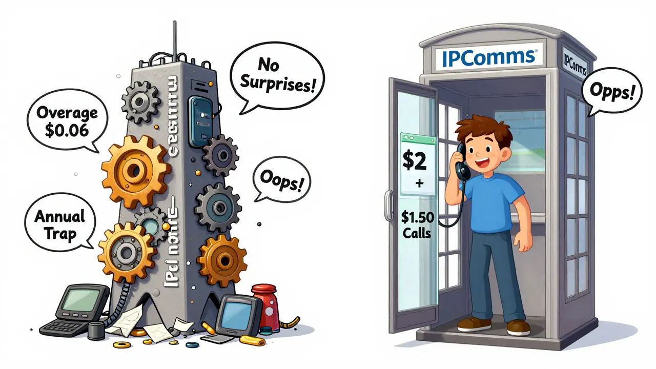 Two phone systems side by side: one cluttered with hidden charges, the other clean and transparent with a happy customer.