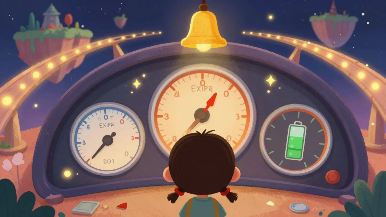 A character monitoring a whimsical dashboard with colorful gauges and glowing bridges in the background.