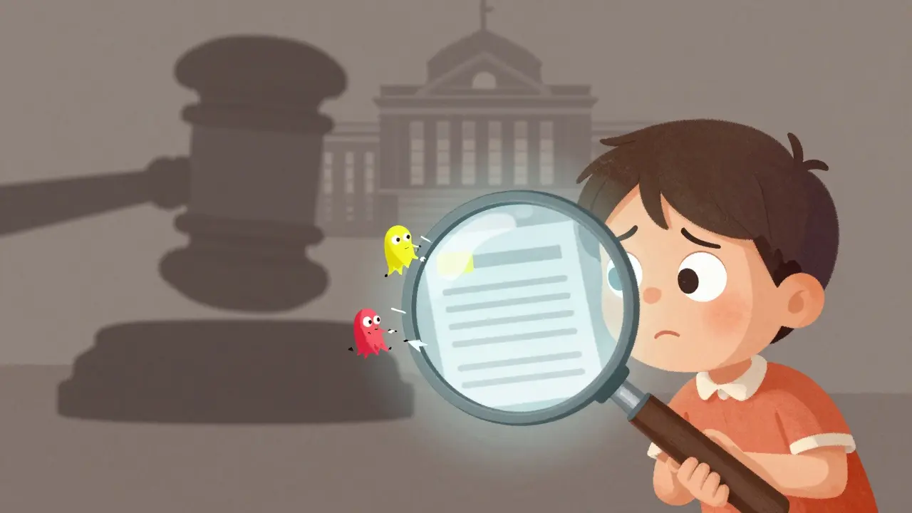 A character using a magnifying glass to inspect a digital contract with a gavel silhouette in the background.