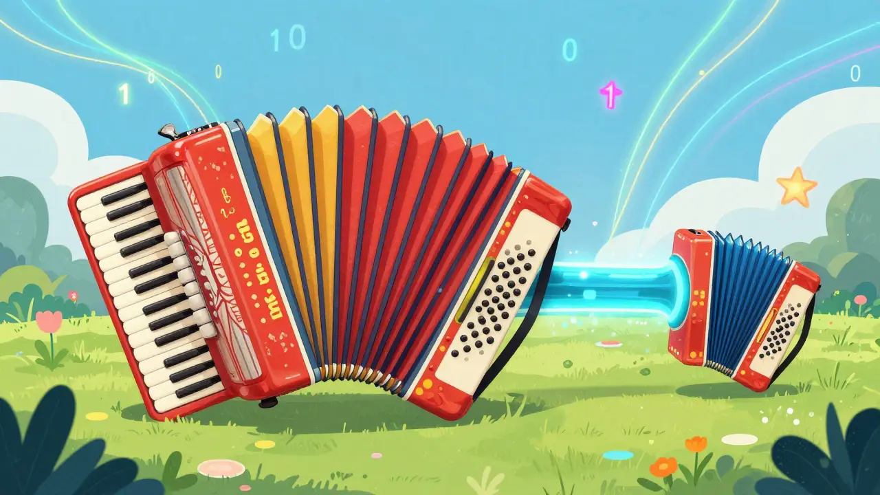 A colorful magical accordion stretching and shrinking in a digital landscape.