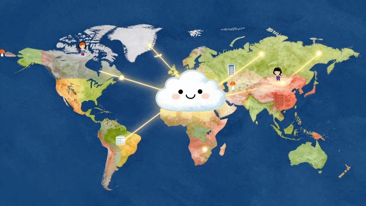 A colorful world map with small offices connected to a central cloud in a storybook style.