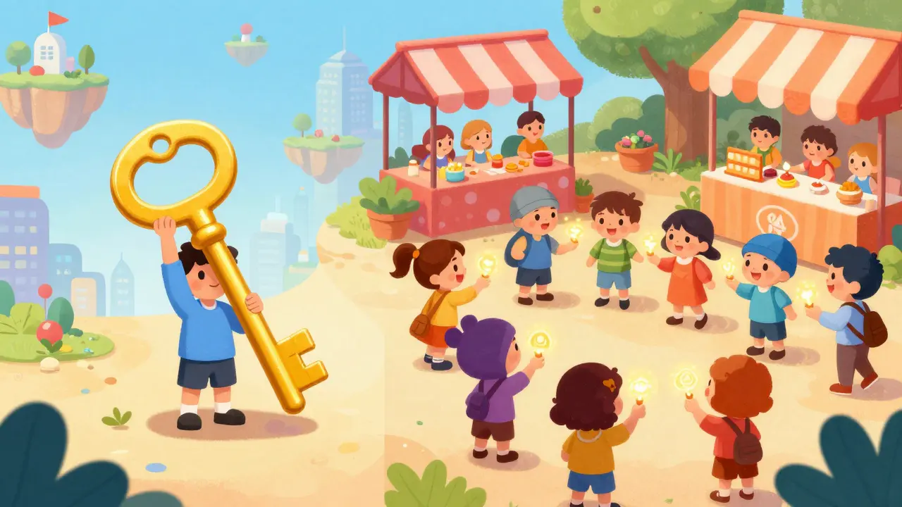 A comparison between one person holding a golden key and many people trading small glowing tokens.