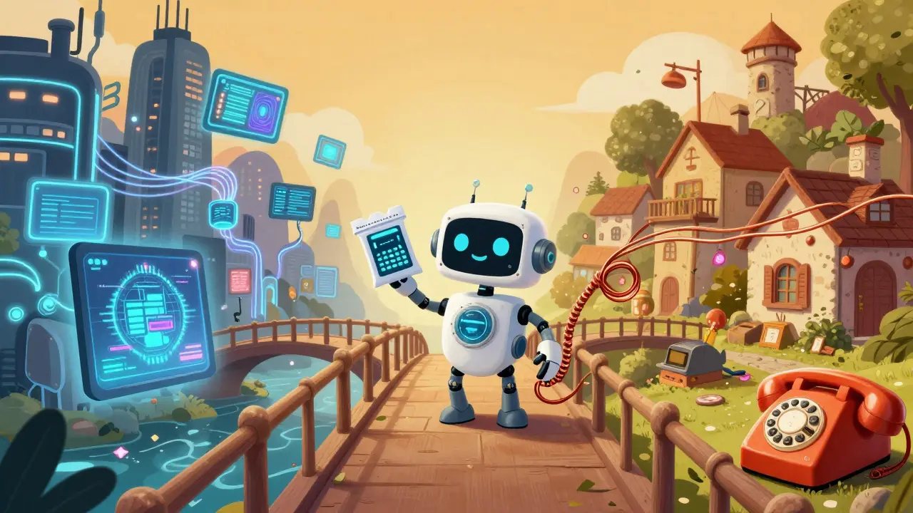 A cute robot bridging a high-tech digital city and a vintage town with copper wires.
