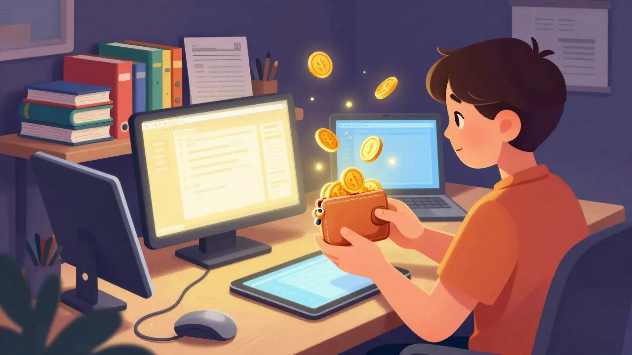 A digital artist in a cozy studio receiving sparkling royalty coins into a digital wallet.