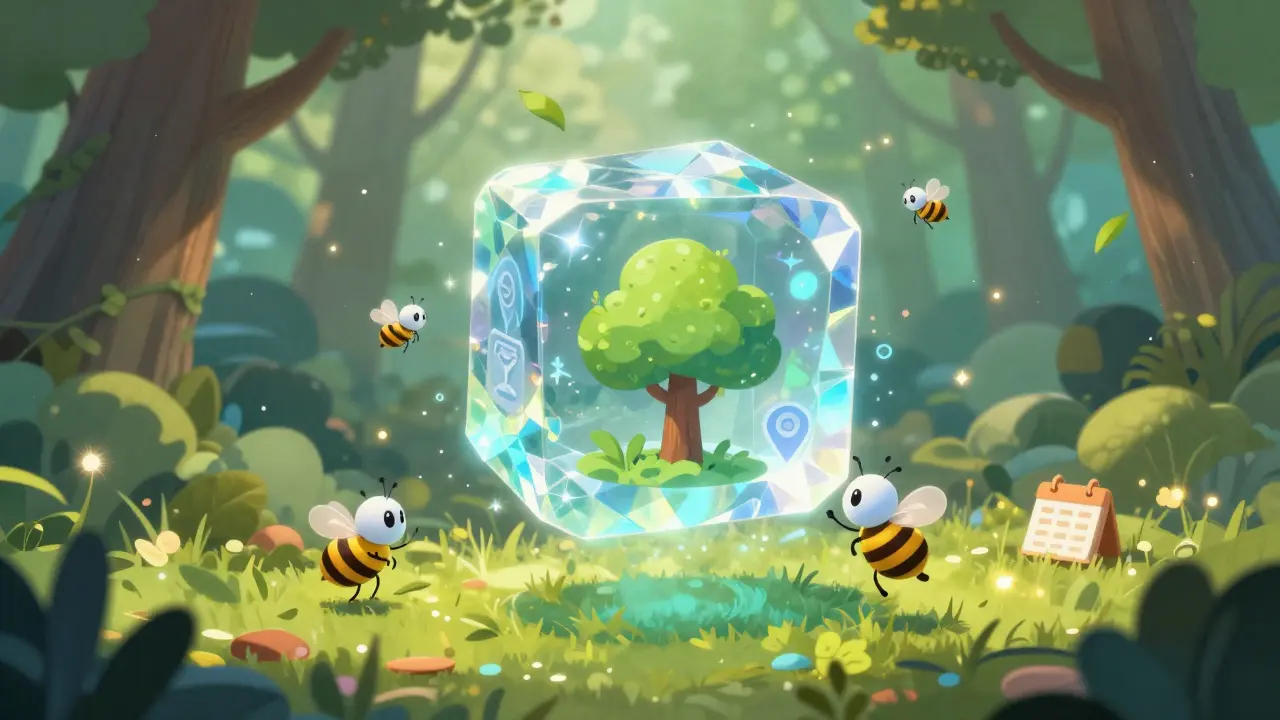 A forest being transformed into a glowing digital token with holographic metadata icons.