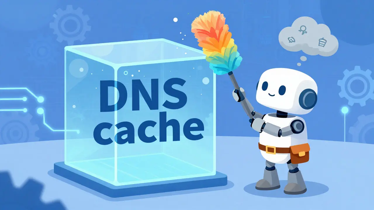 A friendly robot cleaning a glowing glass box to symbolize flushing a DNS cache
