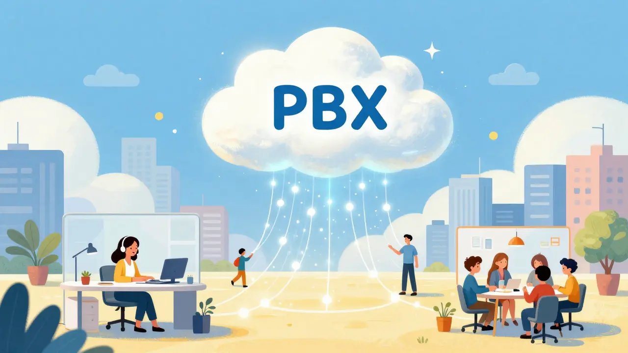 A glowing cloud connecting remote workers across different locations in a whimsical illustration.