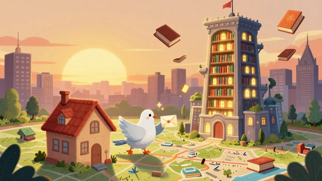 A messenger pigeon flying toward a magical library tower to find a digital address