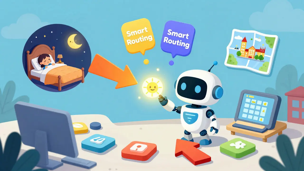 A robot operator directing colorful voice packets to different destinations in a whimsical control room.