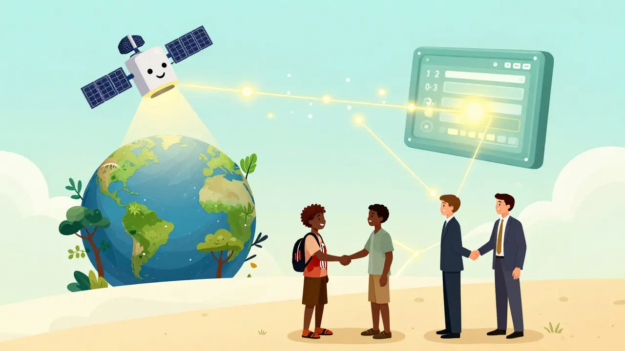 A satellite sending forest data to a blockchain, connecting a Kenyan farmer and a German professional.