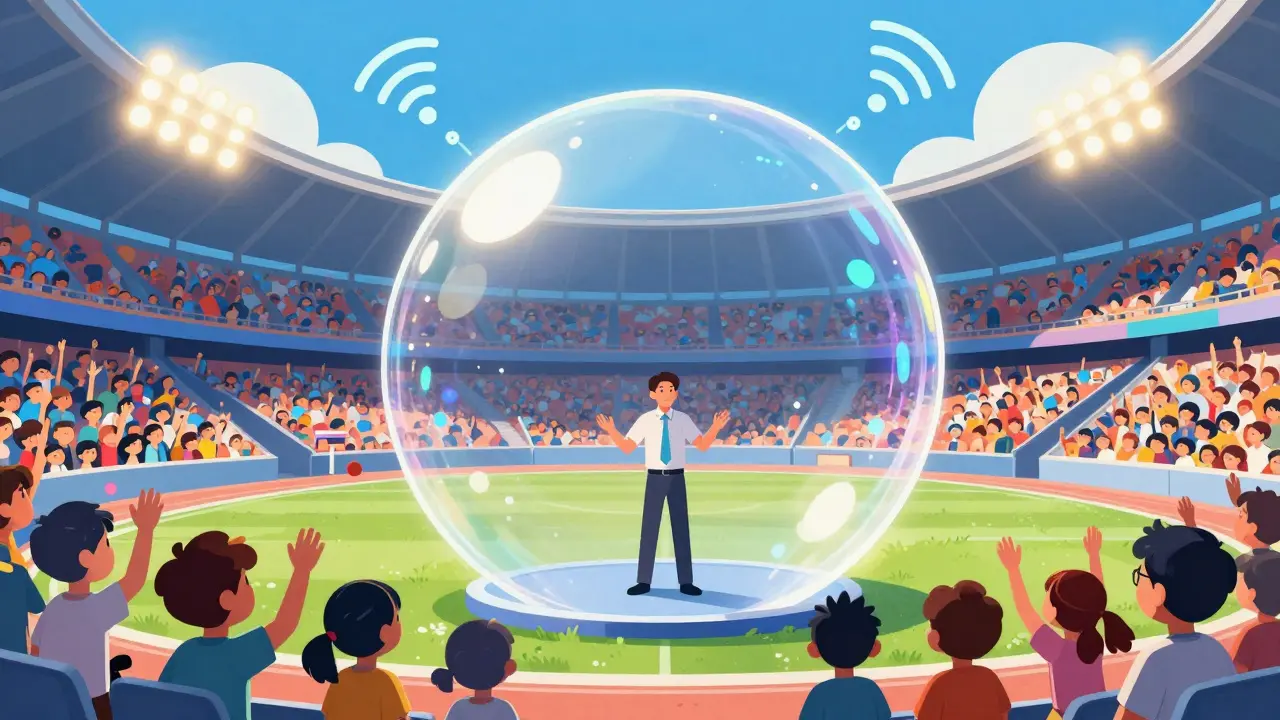 Cartoon of a director in a noisy stadium using AI noise suppression with 5G signals above.