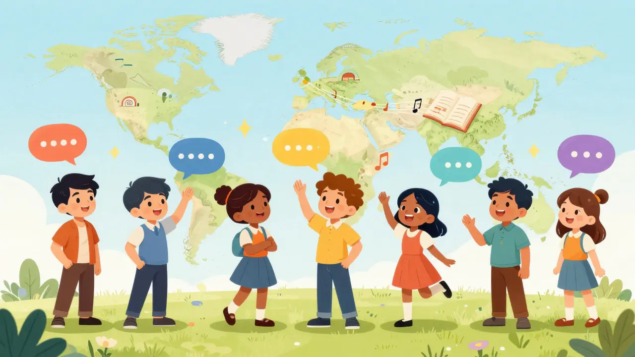 Cheerful remote team members connected by colorful speech bubbles over a stylized world map.