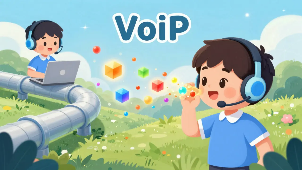 Colorful digital data packets traveling through a pipeline to represent VoIP technology