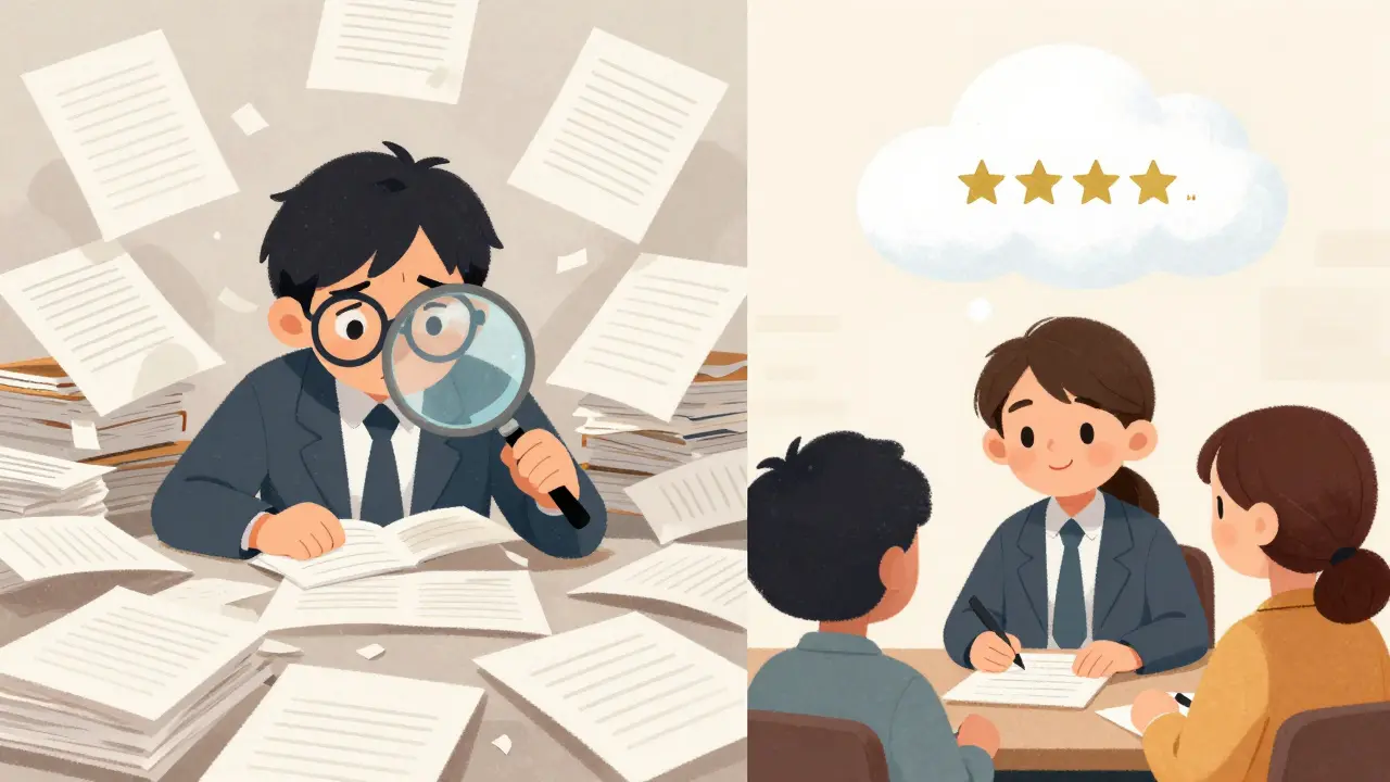 Comparison between a stressed agent with messy papers and a calm agent using a screen pop