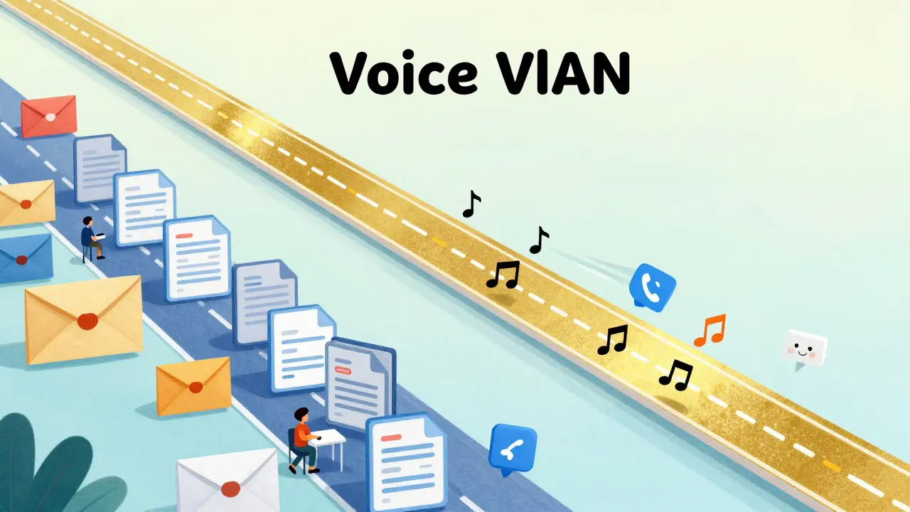 Conceptual drawing of a gold priority lane for voice data separate from a crowded data lane.