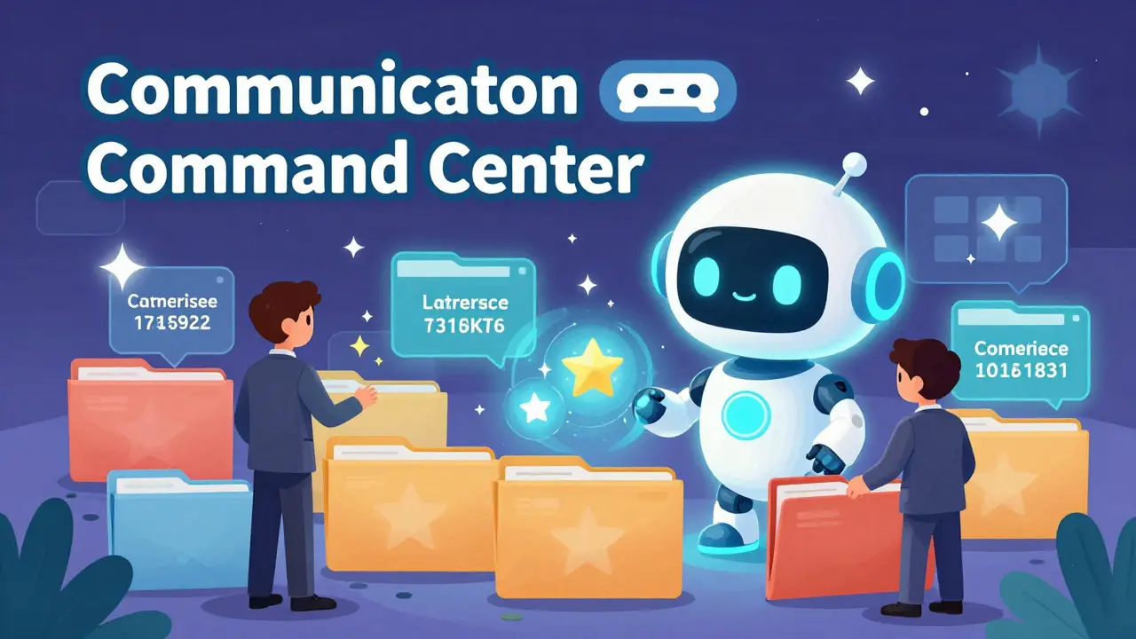 Cute robot assistant helping a professional manage global phone numbers in a magical command center.