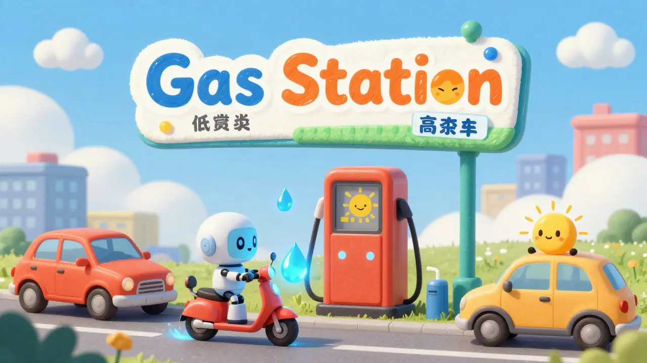 Cute robots at a digital gas station with a price gauge showing network fee levels