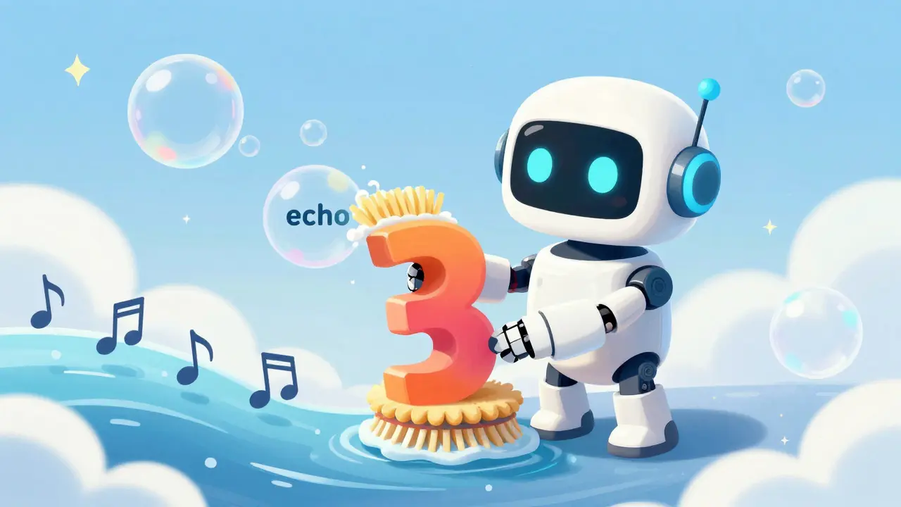 Friendly robot using a minus sign to remove echo bubbles from a stream of sound notes