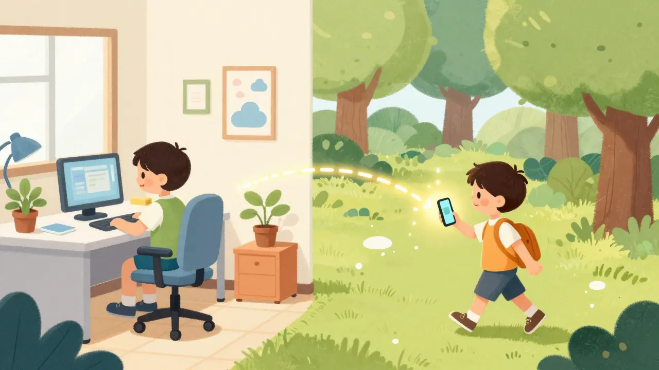 Illustration showing a person seamlessly switching a business call from office to mobile