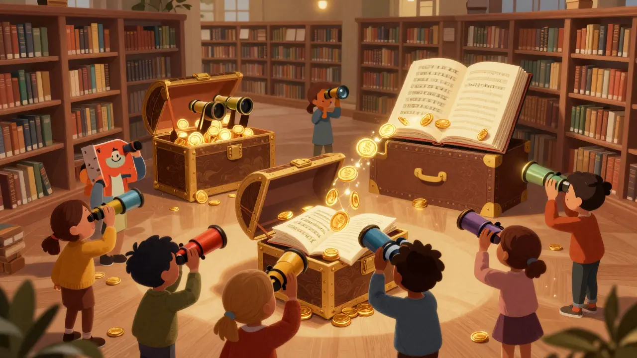 People using telescopes to view a transparent public ledger of coin transfers in a library