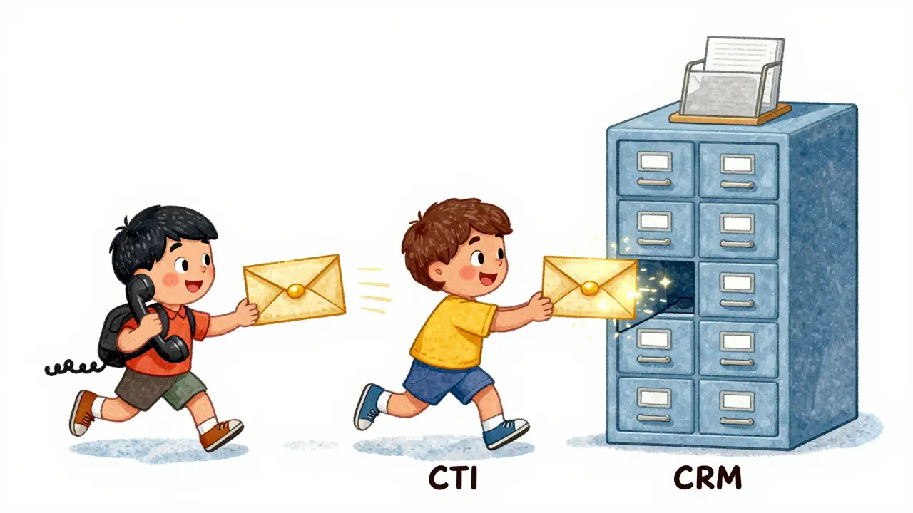 Playful characters representing the phone, CTI bridge, and CRM filing cabinet passing data