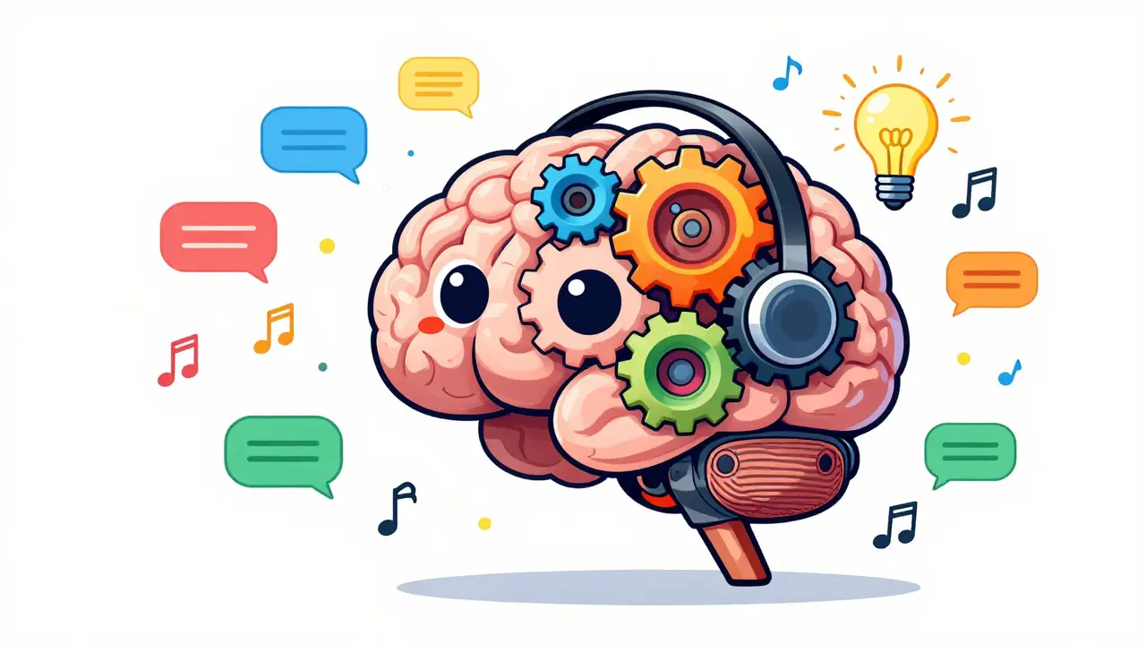 Playful illustration of a friendly robot brain processing business conversation data