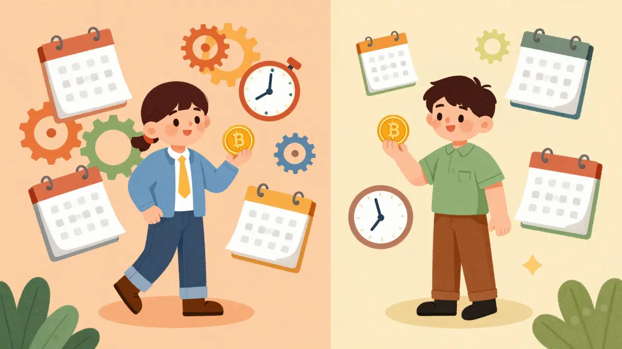 Two characters representing short-term and long-term NFT holders with floating clocks.