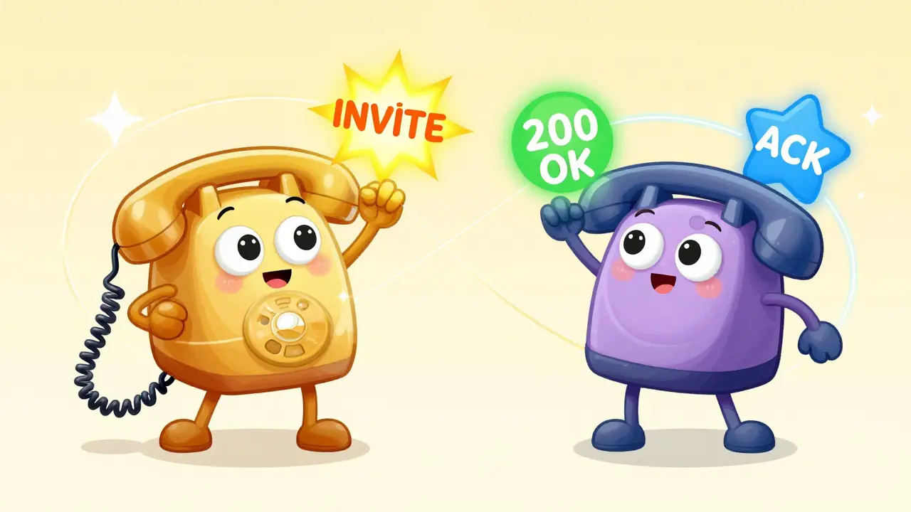 Two cute telephone characters completing a three-step handshake with colorful sparks.