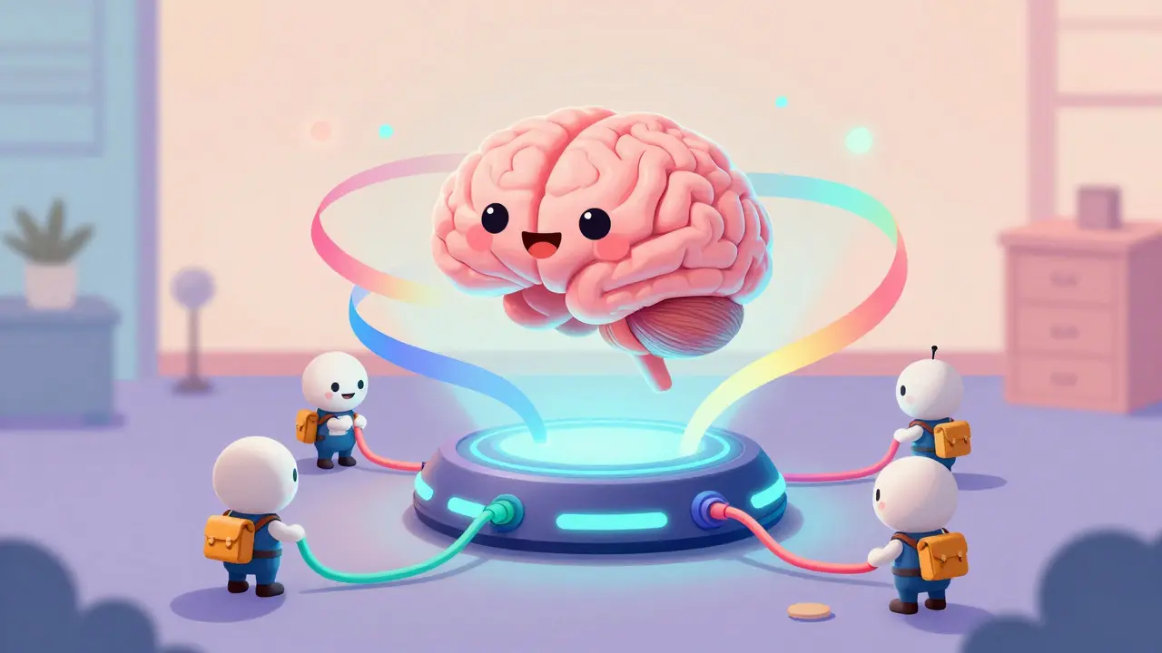 Whimsical drawing of a central intercom hub connecting crew members via colorful ribbons of light.