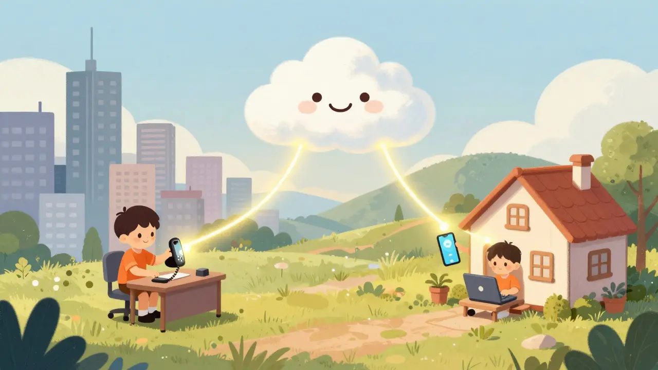 Whimsical drawing of a cloud connecting an office phone to a remote worker's device.