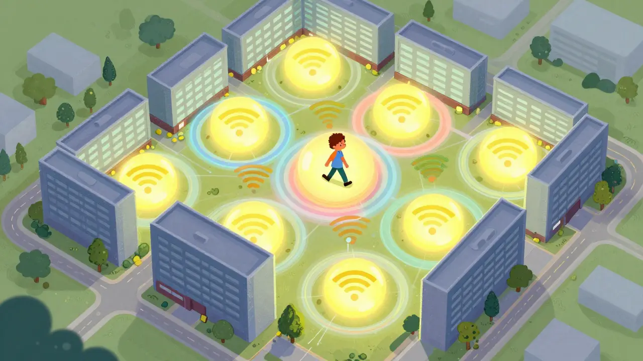 Whimsical office map showing overlapping glowing Wi-Fi signal circles for seamless roaming.