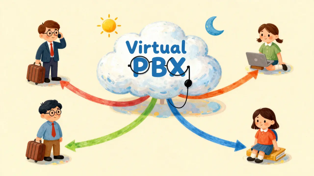 A cloud hub routing calls via ribbons to different users.