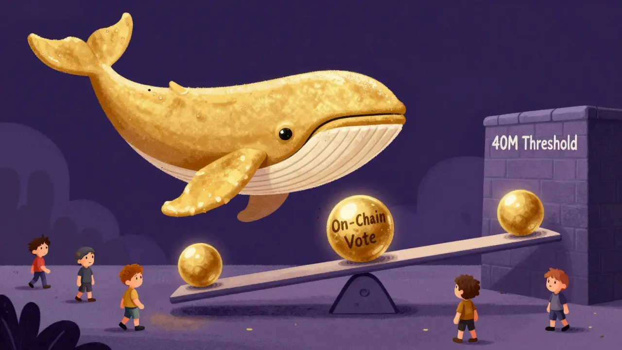 A giant whale dominating a vote against small token holders in an illustration.
