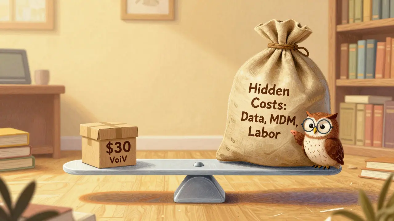 A scale balancing cheap VoIP subscription against a heavy sack of hidden operational costs.