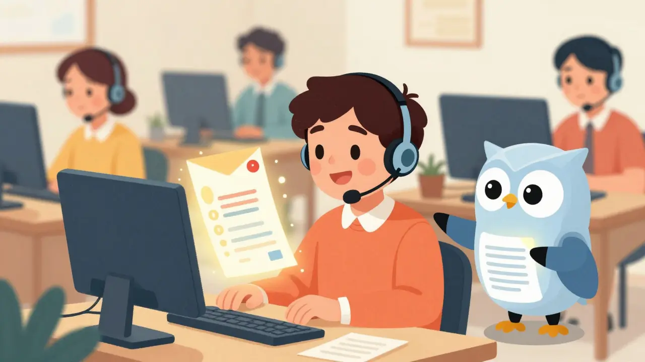 Agent receiving screen pop info with AI helper in bright office