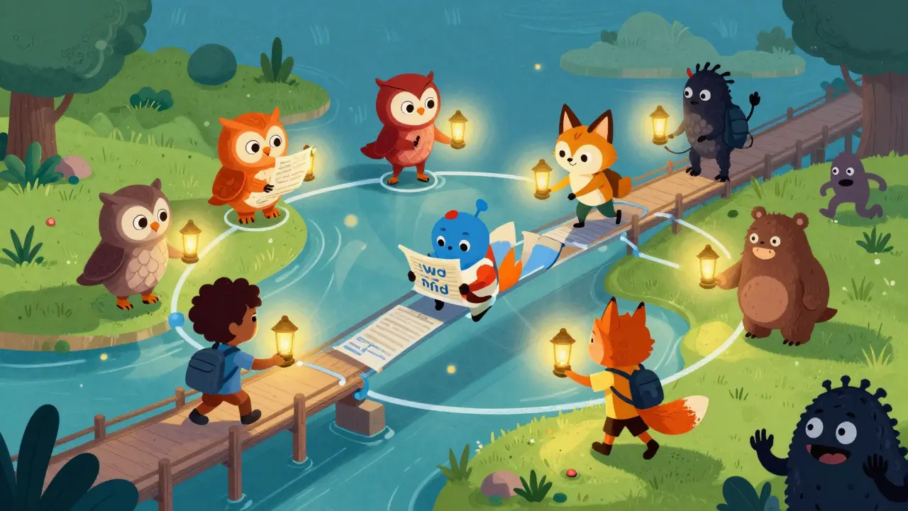Cartoon animals as nodes sharing data via lanterns to block hackers