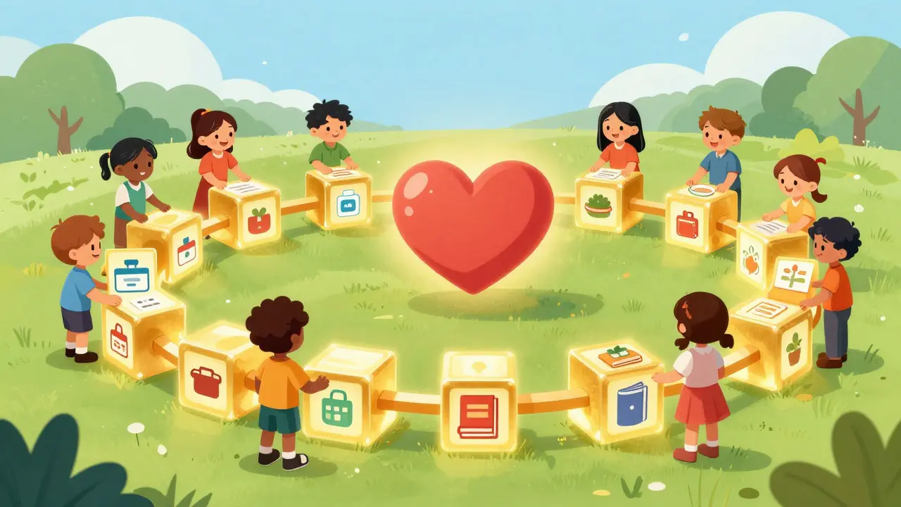 Cartoon chain of glowing blocks linking donors to beneficiaries in a community garden