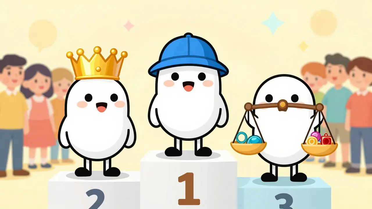 Cartoon characters on podiums showing rare traits vs common ones in a crowd.
