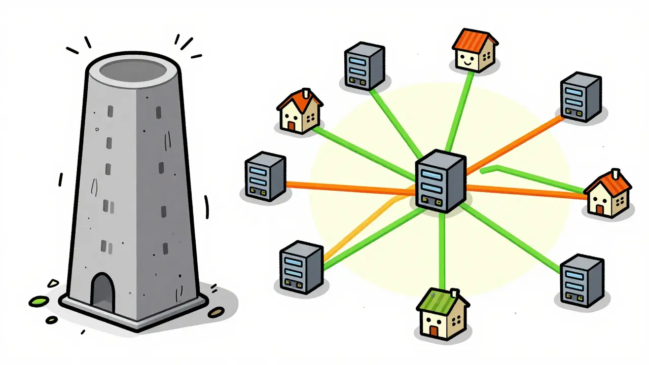 Cartoon comparison of a slow central tower versus a fast, colorful decentralized network mesh