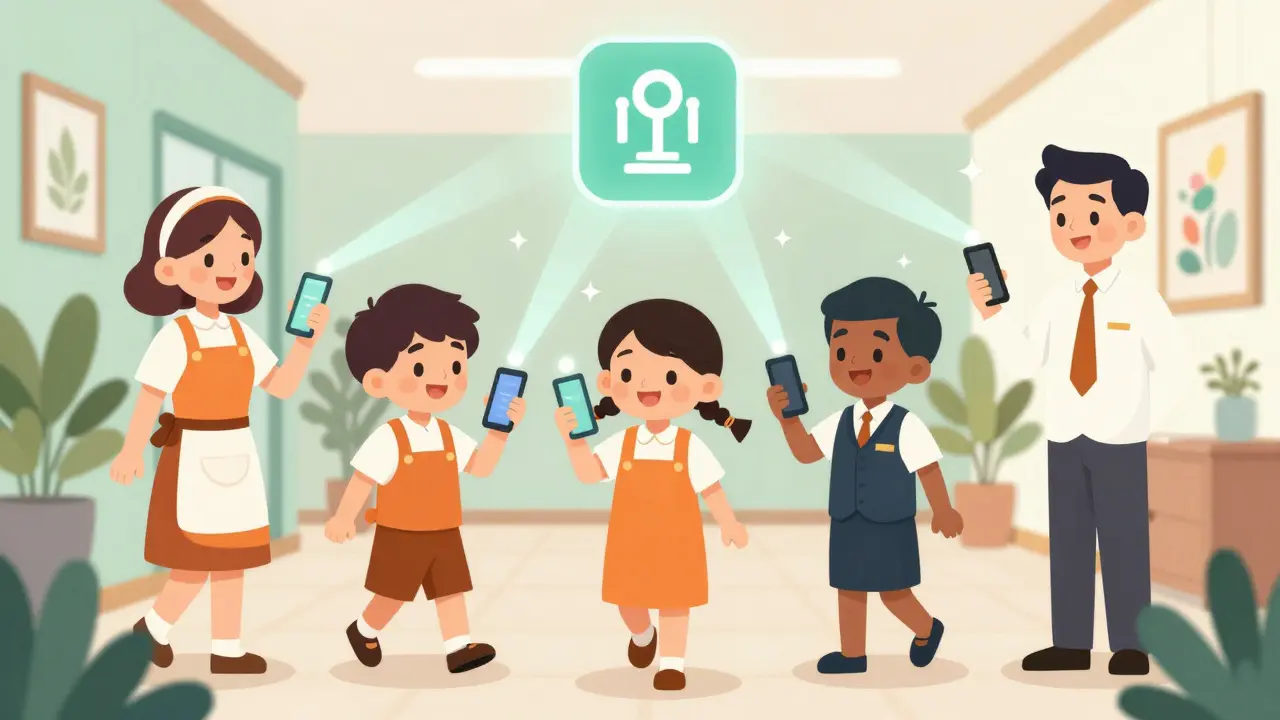 Cartoon hotel staff members smiling while using mobile apps to connect and collaborate.