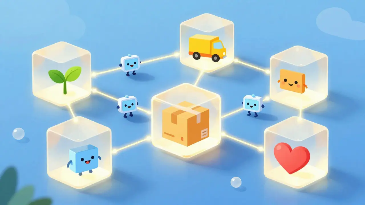 Cartoon of glowing blockchain blocks showing product journey from farm to hospital via connected nodes.
