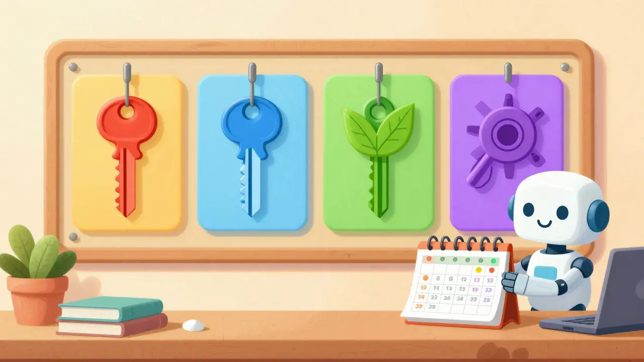 Cartoon showing four colored keys on a board, representing different wallet types.