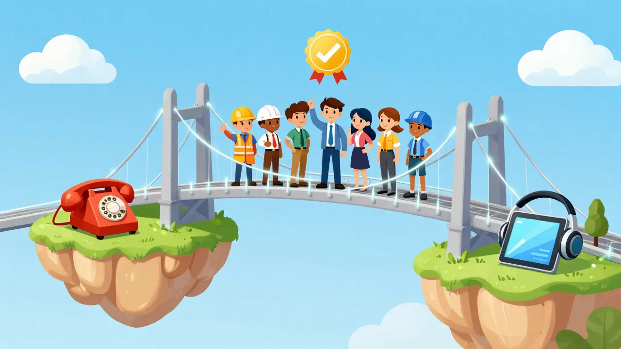 Cartoon team celebrating a successful phone system migration on a bridge.