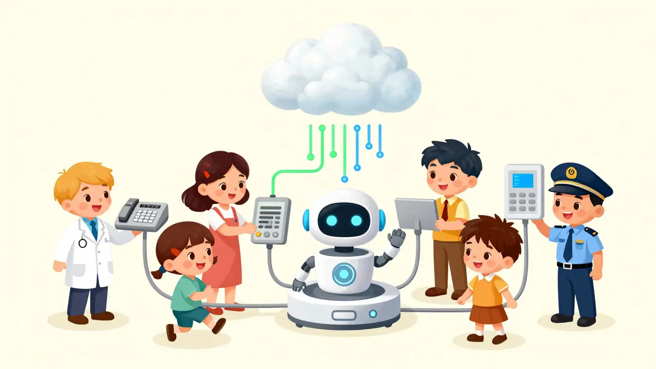 Characters connecting legacy devices to a modern digital hub with glowing data streams