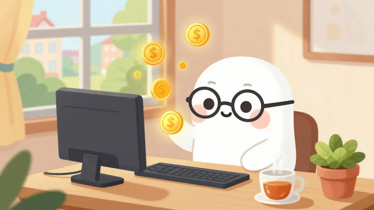 Cozy home computer running a validator with floating gold coins